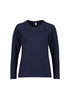 A navy long sleeve women's performance tee with a rounded neckline and raglan sleeves. Features a logo on the garment.