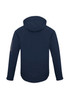 A soft shell jacket in navy blue featuring a hood and a logo on the sleeve.