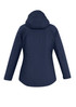 A navy blue women's jacket featuring a hood and a sleek, minimal design. It includes a logo on the back.