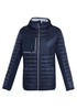 A navy unisex patrol jacket featuring a zip-up front and a chest pocket, with a contrasting grey lining.