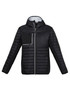 A black unisex patrol jacket featuring a zip front, a hood, and a stylish chest pocket. It has a logo on the design.
