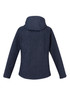 A dark navy soft shell jacket with a textured pattern and a hood, featuring a logo on the back.