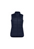 A navy women's alpine vest featuring a zip front and padded design, suitable for layering. Includes a logo detail.