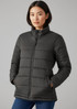 A women's puffer jacket in black with a high collar and side pockets, featuring a brand logo.
