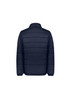 A navy blue men's puffer jacket with a simple design and a collar, featuring a logo.