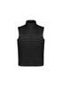A black men's expedition vest with a zip front and padded design, featuring side pockets and a high collar.
