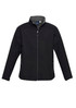 A black jacket with a front zipper, featuring side pockets and a collar. It includes a logo on the chest area.