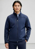 A navy men's softshell jacket with a high collar and zippered pockets, featuring a logo on the chest.