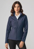A navy soft shell jacket featuring a full zip and a collar, modelled by a woman with wavy hair.