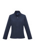 A dark navy soft shell jacket with a high collar and zipped front, featuring side pockets and a logo.