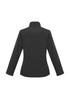 A black women's soft shell jacket featuring a high collar and long sleeves. It has a logo on the back.