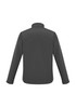 A men's soft shell jacket in dark grey, featuring long sleeves and a collar, with a logo on the back.