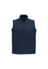 A navy vest with a high collar and zip closure, featuring two side pockets and a logo.