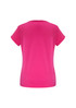 A pink short sleeve top with a rounded neckline and a smooth fabric finish, featuring a brand logo.