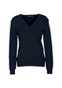 A women's navy V-neck knitted pullover featuring long sleeves and a relaxed fit.