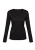 A black women's Milano pullover featuring a V-neck and long sleeves, with a fitted design and ribbed hem.