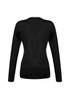 A black women's pullover sweater with long sleeves and a fitted silhouette, featuring a logo on the back.