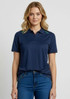 A navy blue women's polo shirt with short sleeves and a logo, featuring green accents on the shoulders.