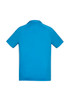 A short sleeve polo shirt in bright blue with a smooth finish and a logo on the back.