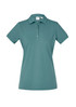 A women's short sleeve polo shirt in a teal colour, featuring a collar and buttons. It has a logo on the chest.