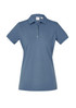 A women's short sleeve polo shirt in a soft blue colour, featuring a collar and button placket. It has a logo.