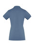 A women's short sleeve polo shirt in a soft blue colour with a simple design and a collar. It has a logo.