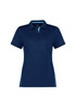 A women's short sleeve polo shirt in navy blue with light blue accents and a logo on the chest.