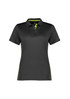 A women's short sleeve polo shirt in black with green accents and a logo.