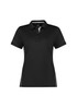 A black women's short sleeve polo shirt featuring a collar, button placket, and logo detail.
