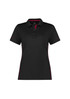 A women's short sleeve polo shirt in black with red accents, featuring a collar and a logo.