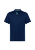 A navy blue men's short sleeve polo shirt with a subtle logo and light blue accents on the collar and sides.