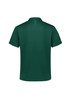 A green men's short sleeve polo shirt featuring a logo and detailed stitching on the back and sleeves.