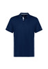 A navy short sleeve polo shirt featuring a collar, buttons, and a logo on the chest.