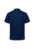 A navy blue men's polo shirt with short sleeves featuring a logo and decorative detailing on the back and sleeves.