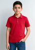 A red short sleeve polo shirt for kids, featuring a collar and three-button placket, worn by a young boy.