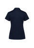 A women's short sleeve polo shirt in navy, featuring a collared design and a logo on the back.