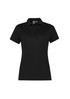 A short sleeve women's polo shirt in black, featuring a classic collar and a button placket. It has a logo on it.