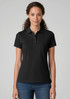 A black women's short sleeve polo shirt with a collar, featuring a logo on the chest. Model is wearing jeans.