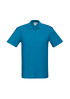 A turquoise polo shirt featuring a classic collar and short sleeves, with a logo on the upper chest.