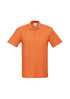 An orange men's polo shirt featuring a collar and three buttons, with a logo on the chest.