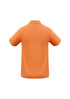 A back view of a short-sleeved, orange polo shirt with a collar and a logo.