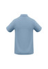 A light blue polo shirt with a collar, featuring short sleeves and a logo on the back.