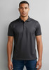A dark grey men's short sleeve polo shirt with a collar and a logo on the chest.