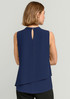 A navy blue sleeveless blouse with a layered design and a keyhole detail at the back. Features a branding logo.
