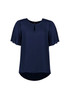 A navy short sleeve blouse with a keyhole neckline and a slight flare at the sleeves, featuring a logo. A navy short sleeve blouse with a keyhole neckline and a slight flare at the sleeves, featuring a logo.