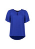 A blue women's short sleeve blouse with a keyhole detail and a flowing hemline. It features a logo. A blue women's short sleeve blouse with a keyhole detail and a flowing hemline. It features a logo.