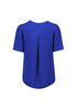 A blue women's short sleeve blouse featuring a pleated back design and soft fabric. It includes a logo. A blue women's short sleeve blouse featuring a pleated back design and soft fabric. It includes a logo.