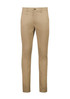 A pair of tan tapered stretch chino pants with a front pocket and a button closure.