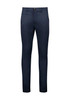 Men's tapered stretch chino pants in navy blue, featuring front and back pockets and a branded logo.