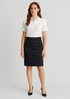 A black mid waist stretch chino skirt with a fitted design, paired with a white shirt and accessorised with a belt. A black mid waist stretch chino skirt with a fitted design, paired with a white shirt and accessorised with a belt.